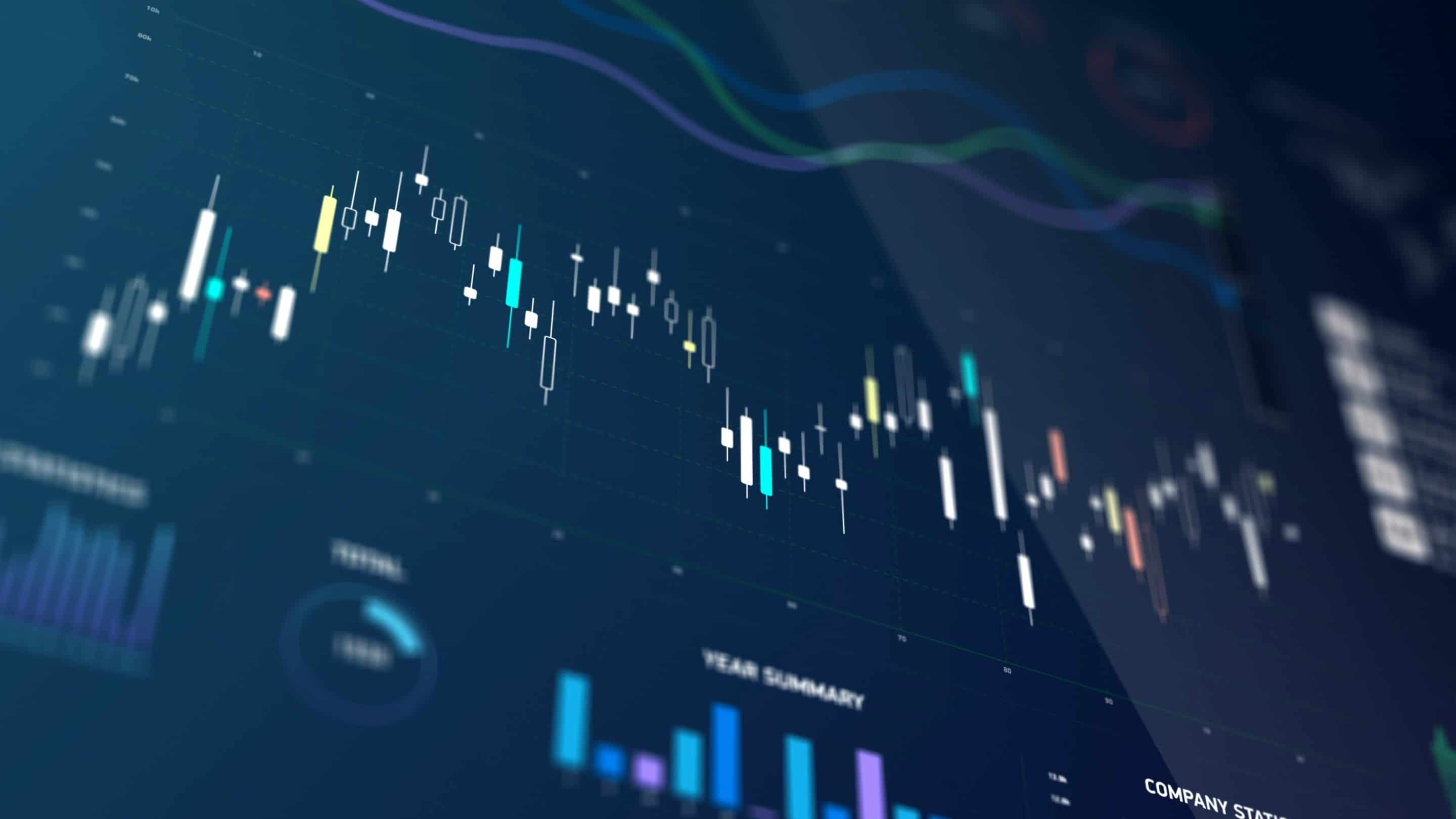 Stock exchange prices summarized in candle stick chart, financia A criminal on business grounds