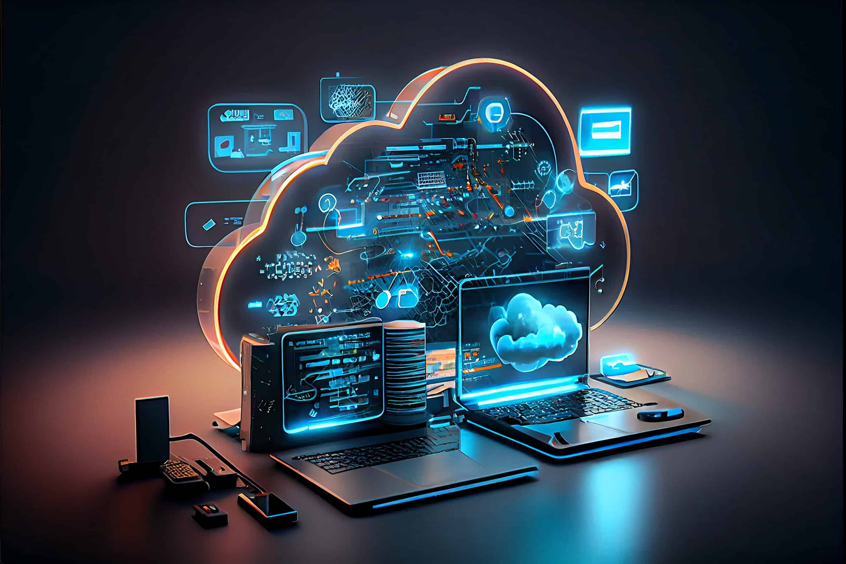 Cloud technology, computing. Devices connected to digital storag AdobeStock 566495404 scaled